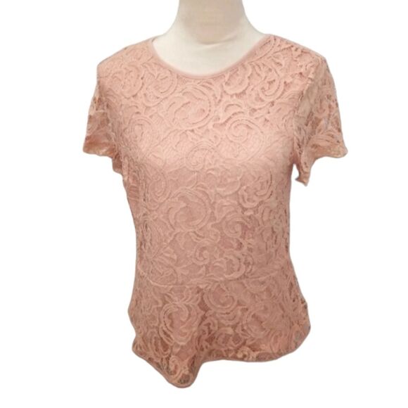 Adrianna Papell Tops - Adrianna Papell Blush Pink Lace Overlay Peplum Blouse  size M